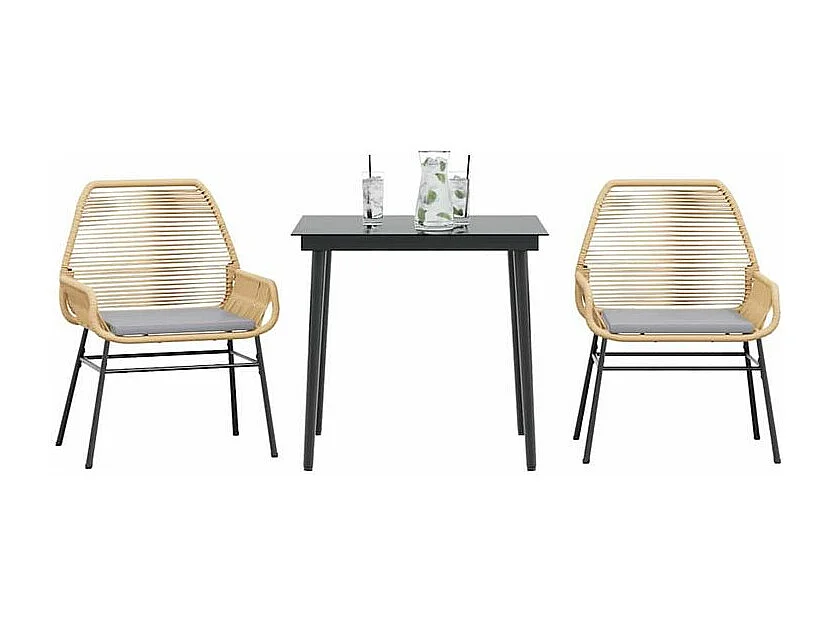 Ensemble à manger jardin coussins 3pcs marron poly rotin verre