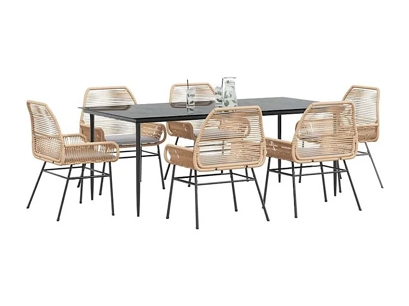 Ensemble à manger jardin coussins 7pcs marron poly rotin verre