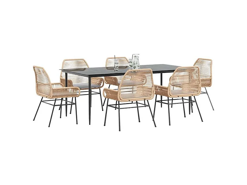 Ensemble à manger jardin coussins 7pcs marron poly rotin verre