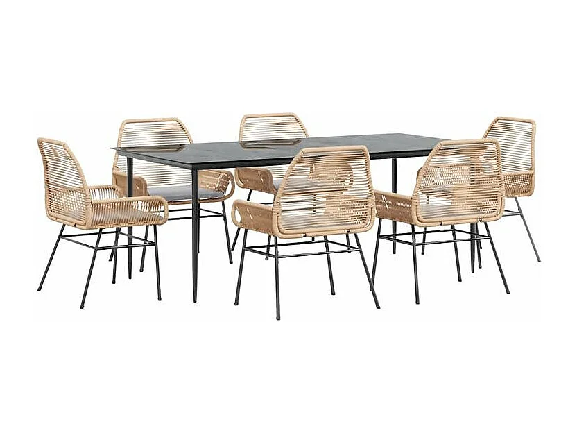 Ensemble à manger jardin coussins 7pcs marron poly rotin verre
