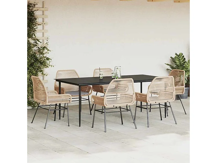 Ensemble à manger jardin coussins 7pcs marron poly rotin verre