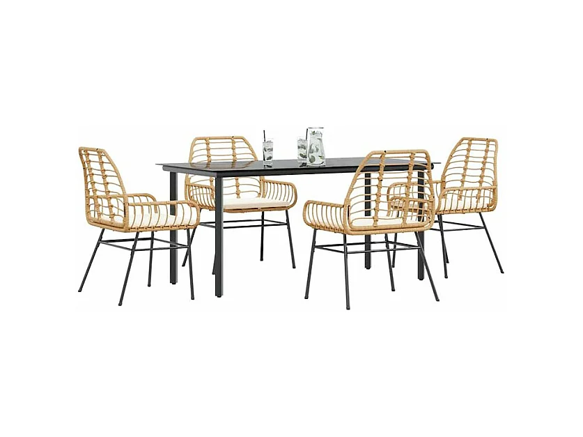 Ensemble à manger jardin coussins 5pcs marron poly rotin verre