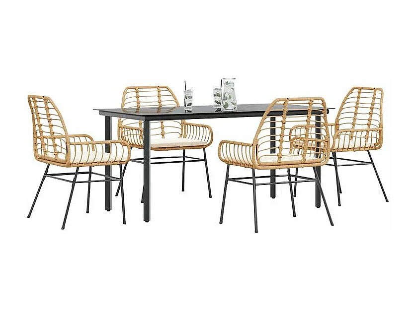 Ensemble à manger jardin coussins 5pcs marron poly rotin verre