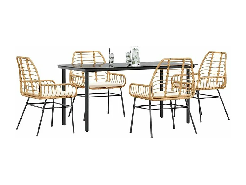 Ensemble à manger jardin coussins 5pcs marron poly rotin verre