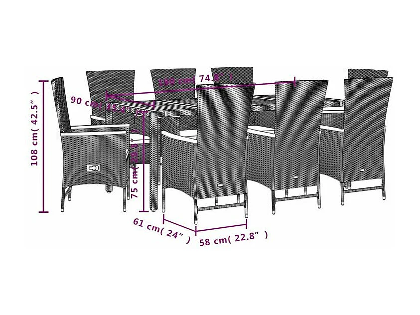 Ensemble à manger de jardin 9pcs coussins noir résine tressée