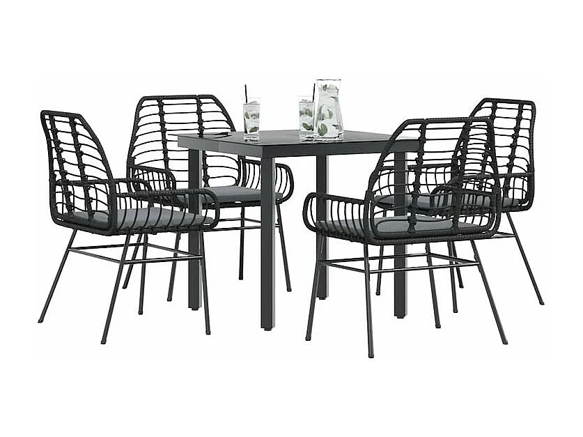 Ensemble à manger de jardin et coussins 5 pcs noir rotin verre