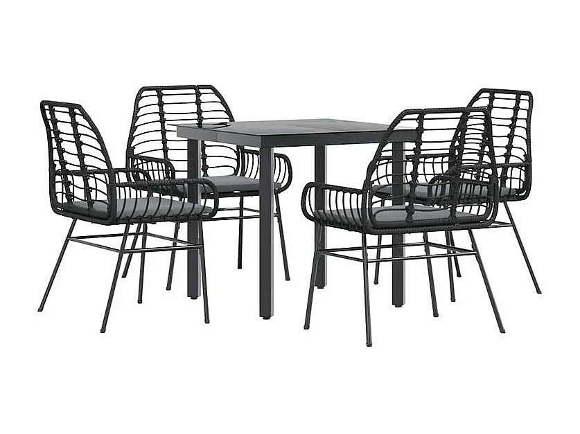 Ensemble à manger de jardin et coussins 5 pcs noir rotin verre