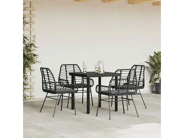 Ensemble à manger de jardin et coussins 5 pcs noir rotin verre