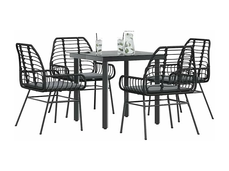 Ensemble à manger de jardin et coussins 5 pcs noir rotin verre