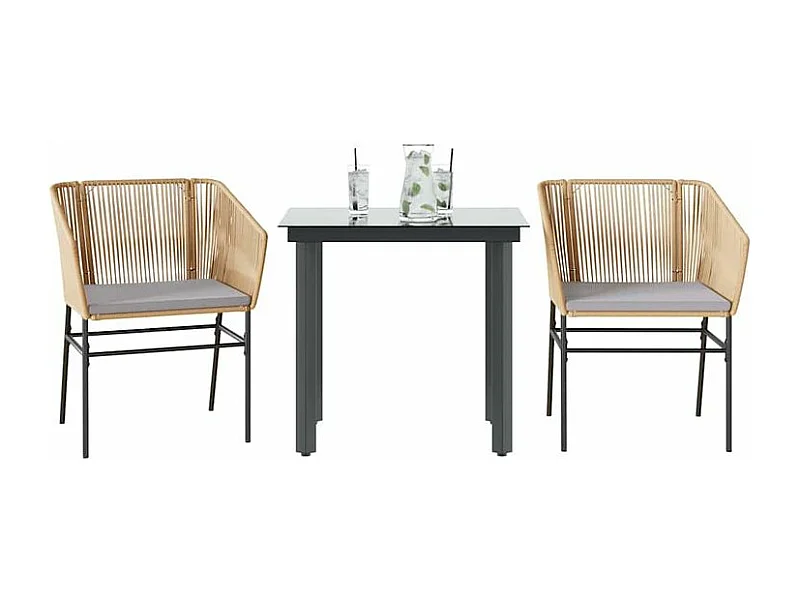 Ensemble à manger jardin coussins 3pcs marron poly rotin verre