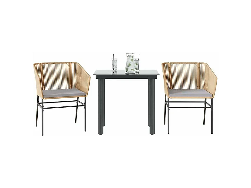 Ensemble à manger jardin coussins 3pcs marron poly rotin verre