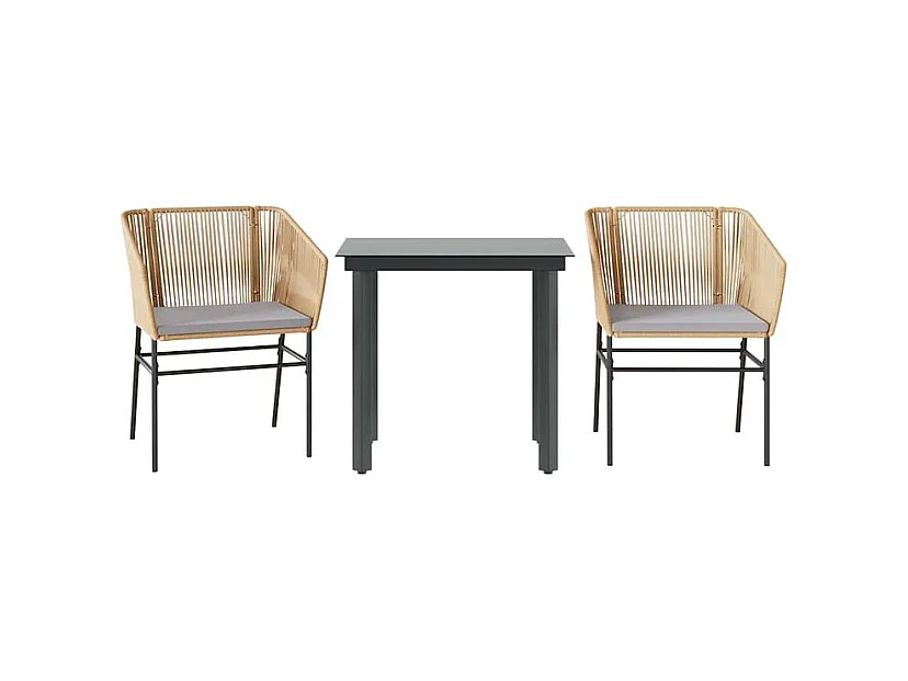 Ensemble à manger jardin coussins 3pcs marron poly rotin verre