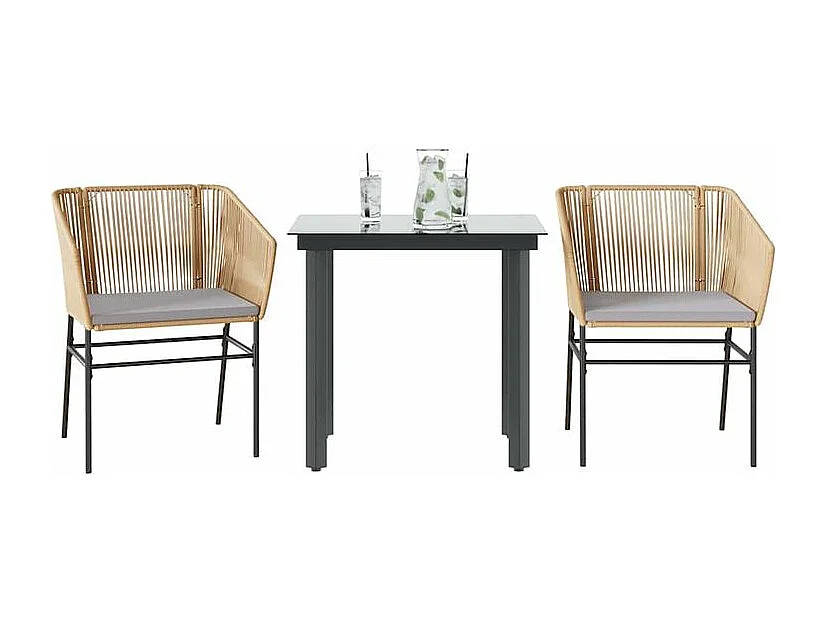 Ensemble à manger jardin coussins 3pcs marron poly rotin verre