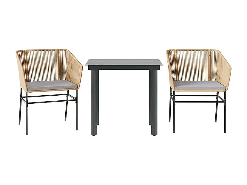 Ensemble à manger jardin coussins 3pcs marron poly rotin verre