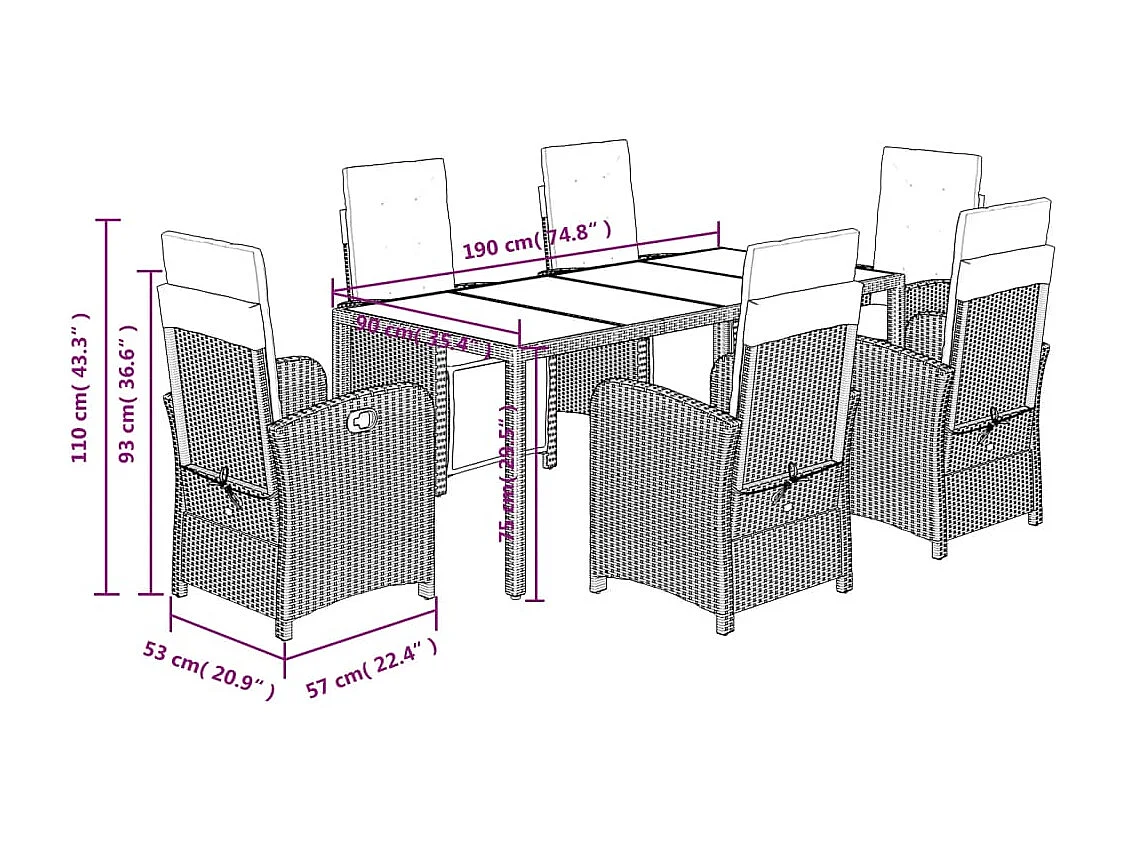Ensemble à manger de jardin et coussins 7 pcs gris rotin