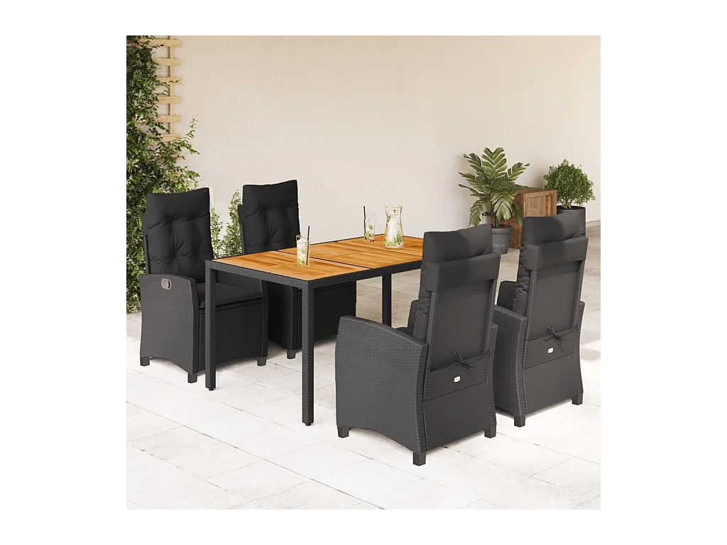 Ensemble à manger de jardin coussins 5pcs Noir Résine tressée