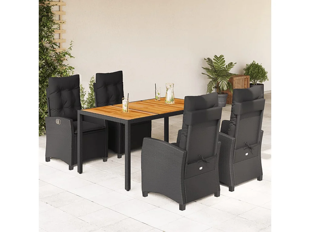 Ensemble à manger de jardin coussins 5pcs Noir Résine tressée