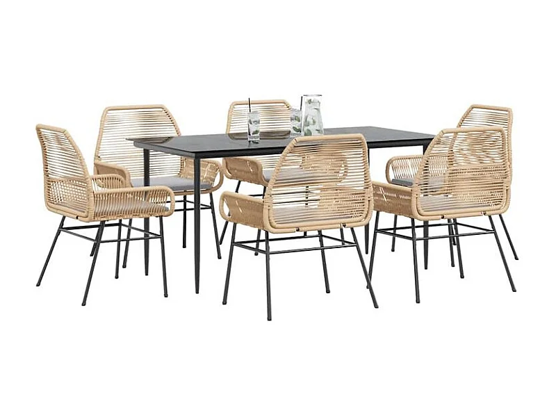 Ensemble à manger jardin coussins 7pcs marron poly rotin verre