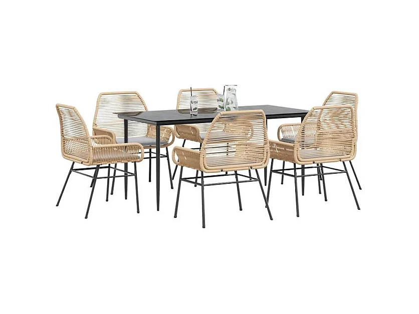Ensemble à manger jardin coussins 7pcs marron poly rotin verre