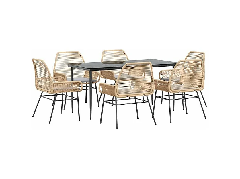 Ensemble à manger jardin coussins 7pcs marron poly rotin verre