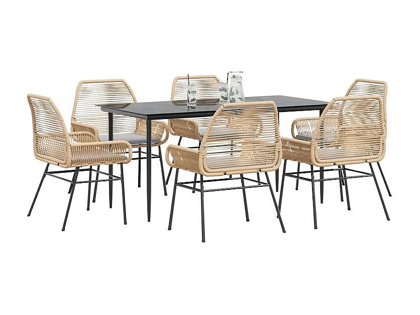 Ensemble à manger jardin coussins 7pcs marron poly rotin verre