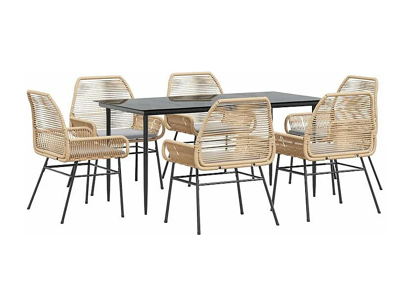Ensemble à manger jardin coussins 7pcs marron poly rotin verre