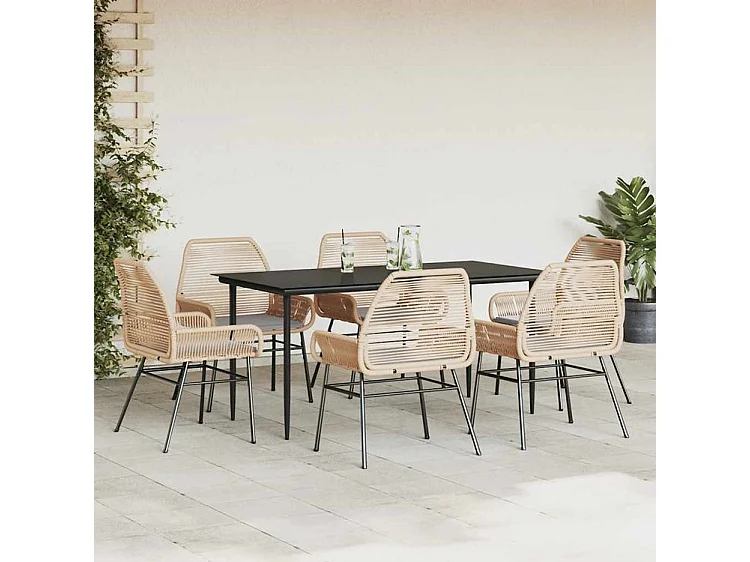 Ensemble à manger jardin coussins 7pcs marron poly rotin verre