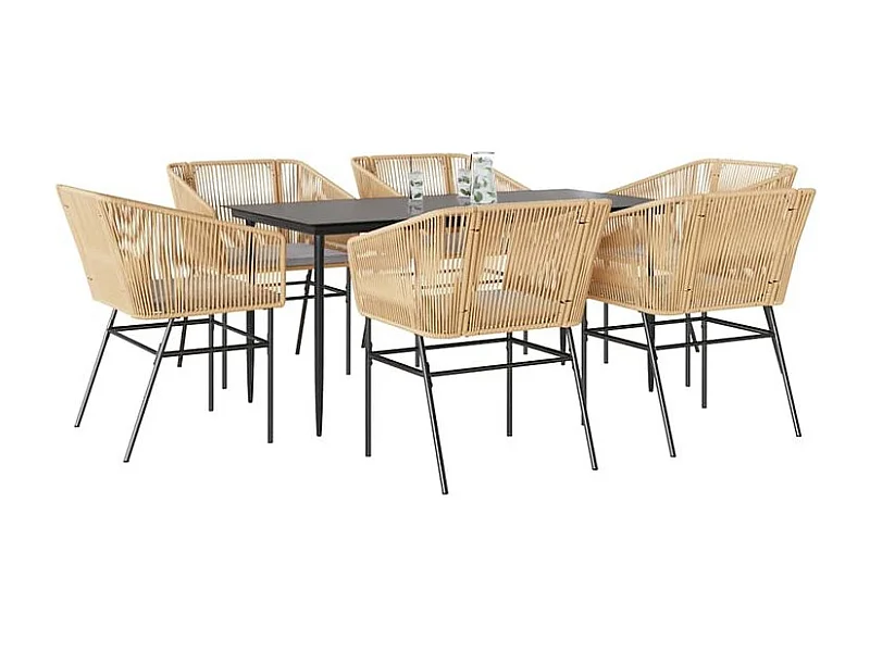 Ensemble à manger jardin coussins 7pcs marron poly rotin verre