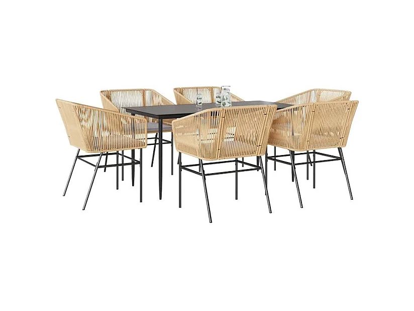 Ensemble à manger jardin coussins 7pcs marron poly rotin verre