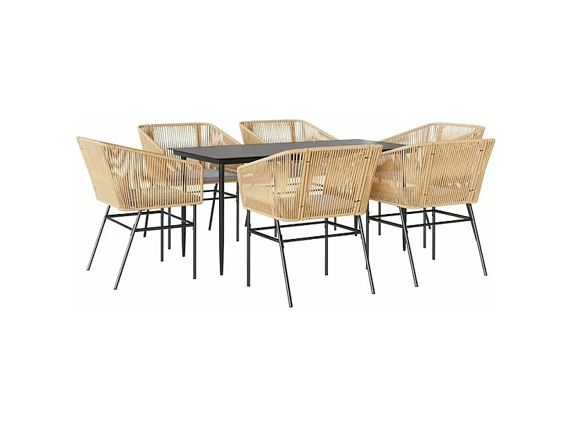 Ensemble à manger jardin coussins 7pcs marron poly rotin verre