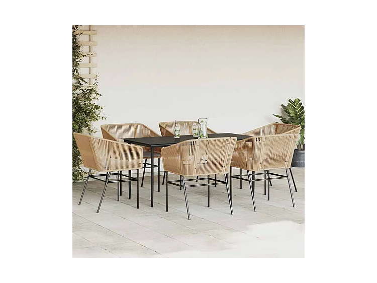 Ensemble à manger jardin coussins 7pcs marron poly rotin verre