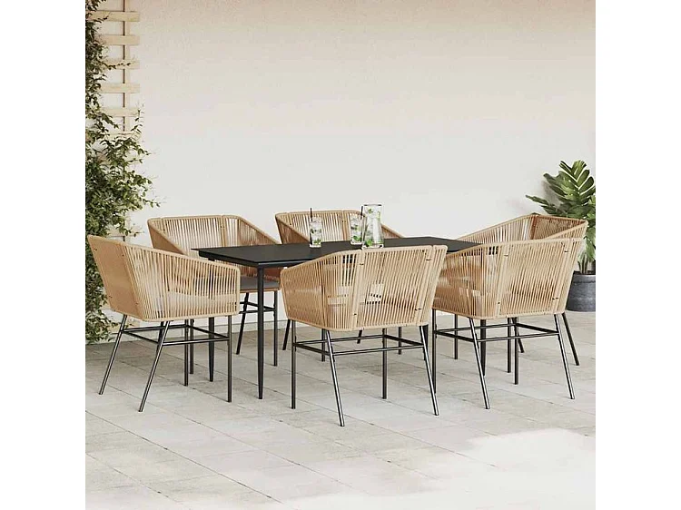 Ensemble à manger jardin coussins 7pcs marron poly rotin verre