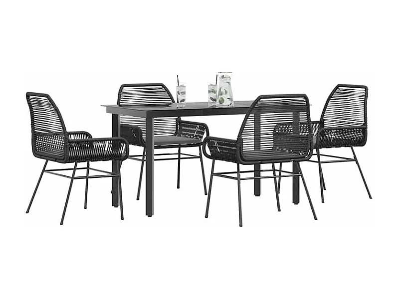 Ensemble à manger de jardin et coussins 5 pcs noir rotin verre
