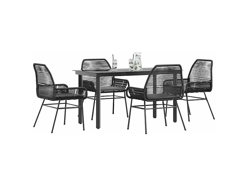 Ensemble à manger de jardin et coussins 5 pcs noir rotin verre