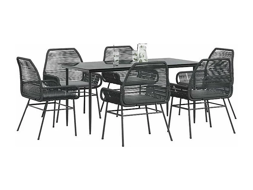 Ensemble à manger de jardin coussins 7pcs noir poly rotin verre