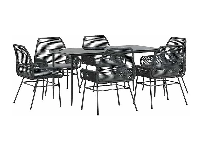 Ensemble à manger de jardin coussins 7pcs noir poly rotin verre
