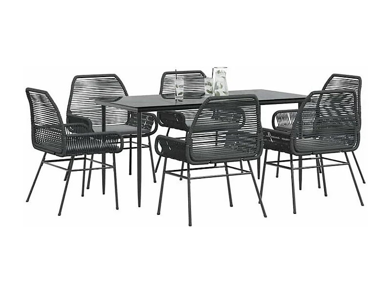 Ensemble à manger de jardin coussins 7pcs noir poly rotin verre