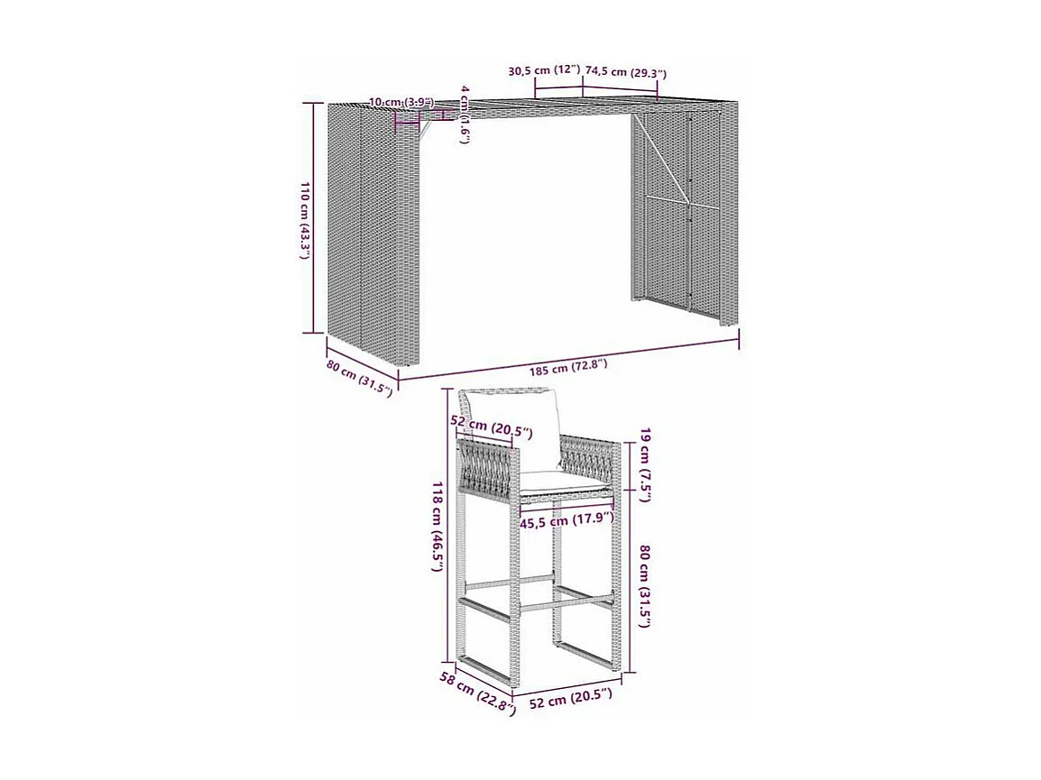 Ensemble de bar de jardin 5 pcs avec coussins gris poly rotin