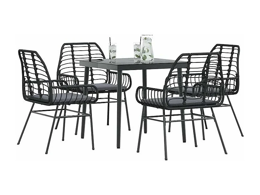 Ensemble à manger de jardin et coussins 5 pcs noir rotin verre