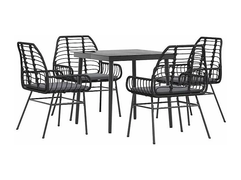 Ensemble à manger de jardin et coussins 5 pcs noir rotin verre