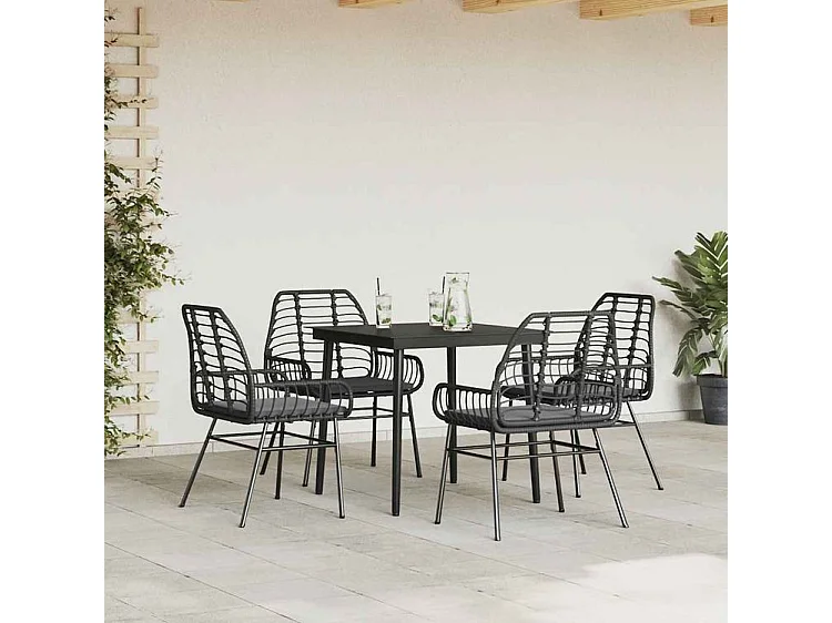 Ensemble à manger de jardin et coussins 5 pcs noir rotin verre