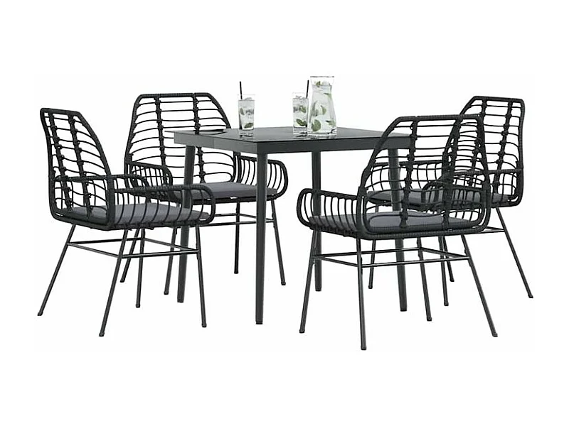 Ensemble à manger de jardin et coussins 5 pcs noir rotin verre