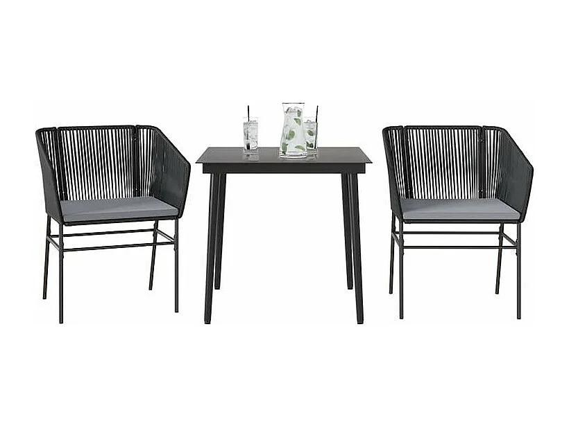 Ensemble à manger de jardin et coussins 3 pcs noir rotin verre