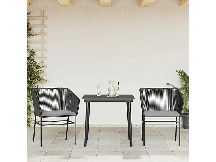 Ensemble à manger de jardin et coussins 3 pcs noir rotin verre