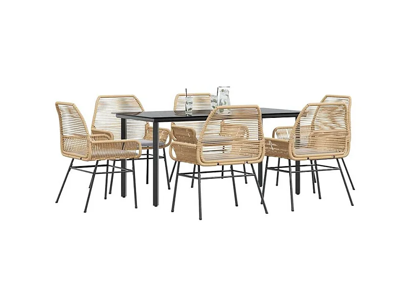 Ensemble à manger jardin coussins 7pcs marron poly rotin verre