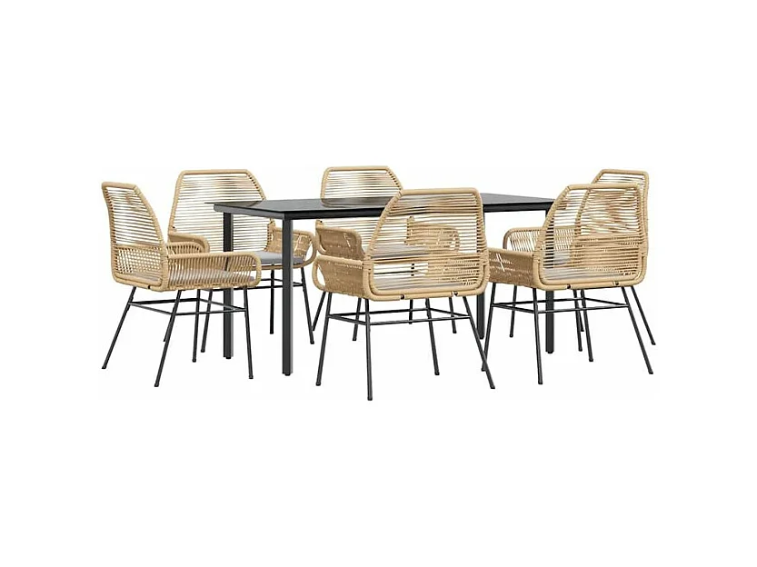 Ensemble à manger jardin coussins 7pcs marron poly rotin verre