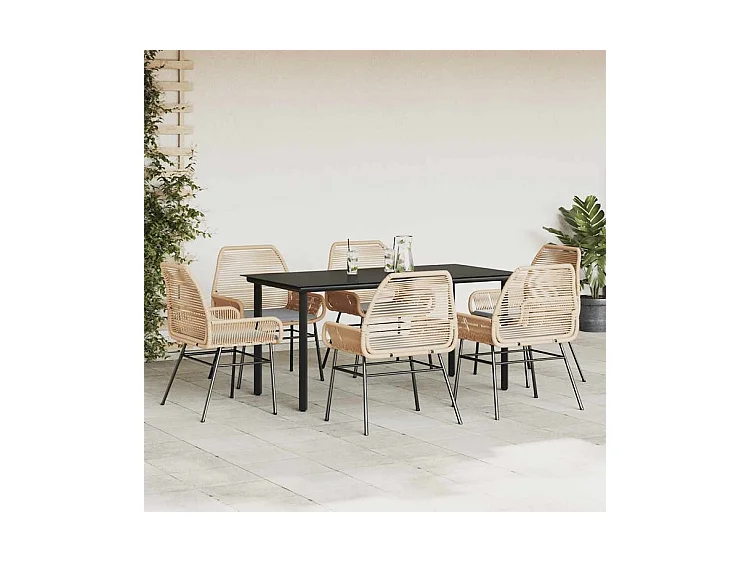 Ensemble à manger jardin coussins 7pcs marron poly rotin verre