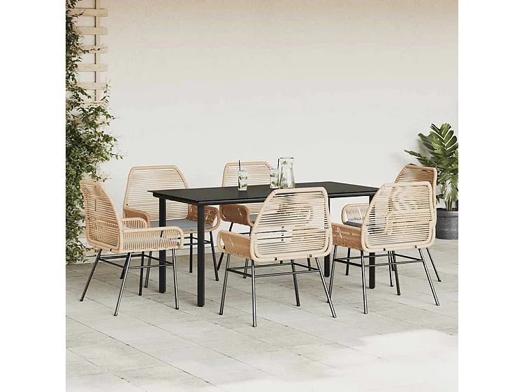 Ensemble à manger jardin coussins 7pcs marron poly rotin verre