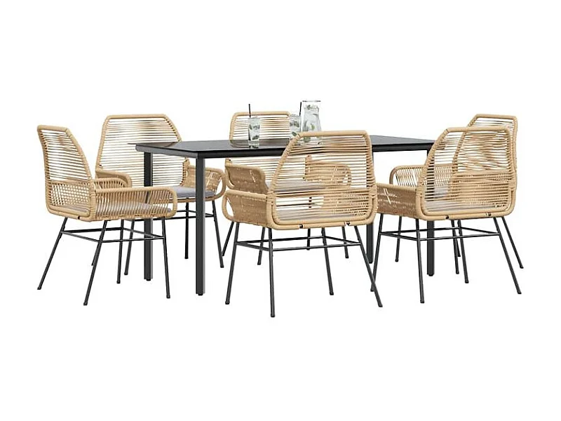 Ensemble à manger jardin coussins 7pcs marron poly rotin verre
