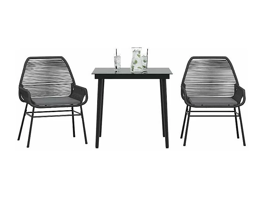 Ensemble à manger de jardin et coussins 3 pcs noir rotin verre
